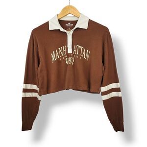 Hollister Manhattan Graphic Longsleeve Crop Rugby Polo in Brown Size XS